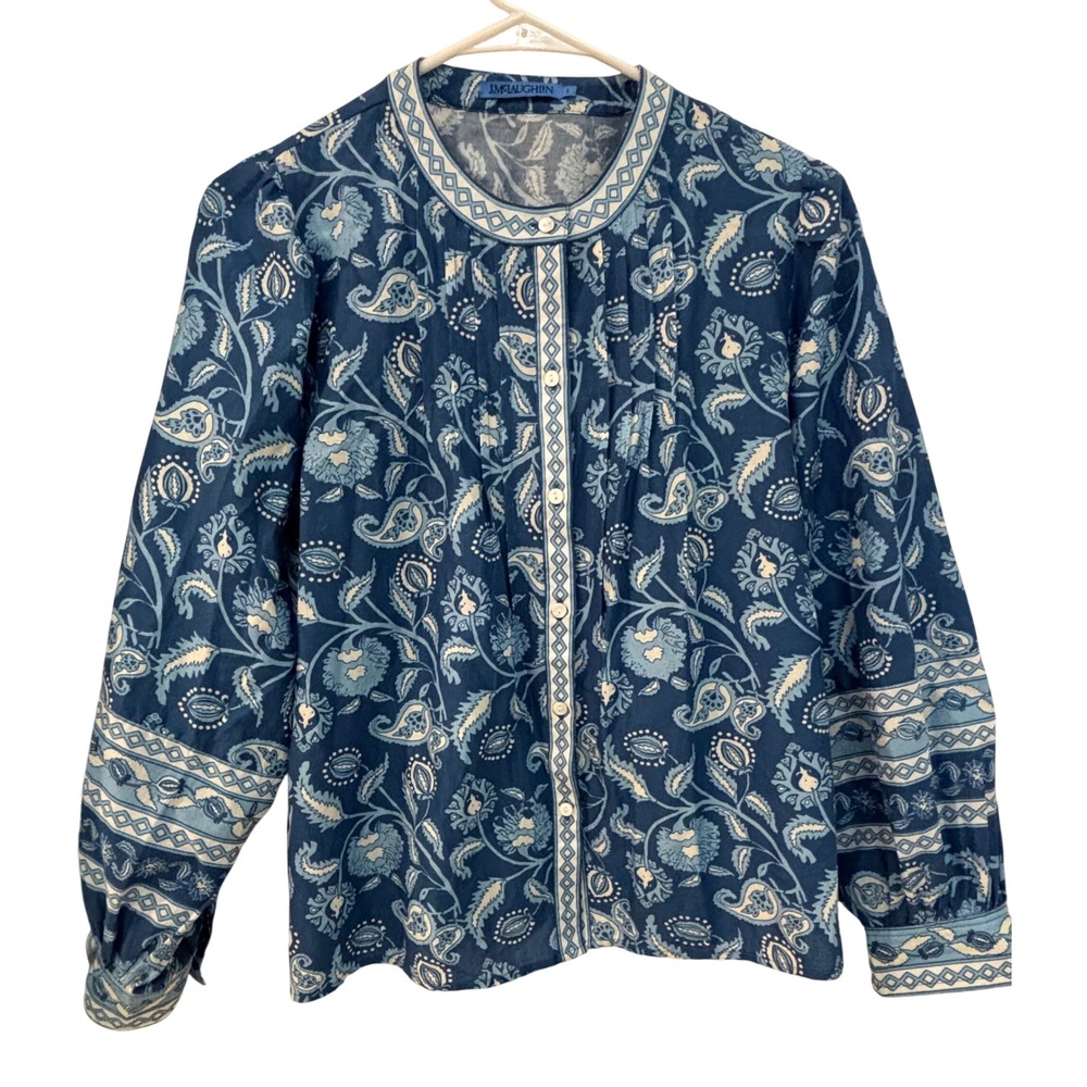 J.McLaughlin Blue Paisley Floral Cotton Button Down Blouse Small Long Sleeve